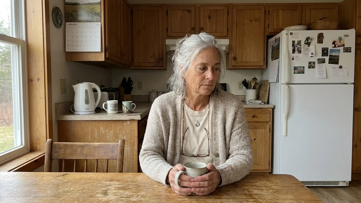 Maggie at her kitchen table in the late-afternoon light, a mug of tea in both hands