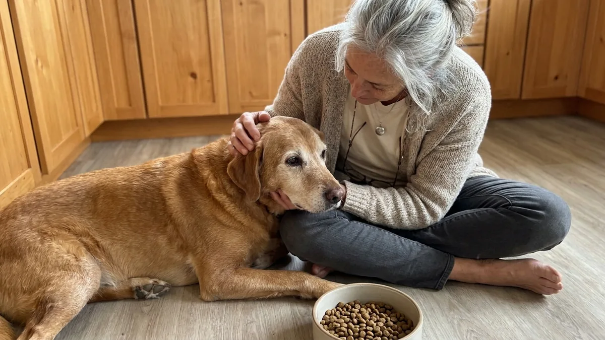 Maggie sitting on the kitchen floor next to Cooper, his half-full breakfast bowl untouched in the foreground