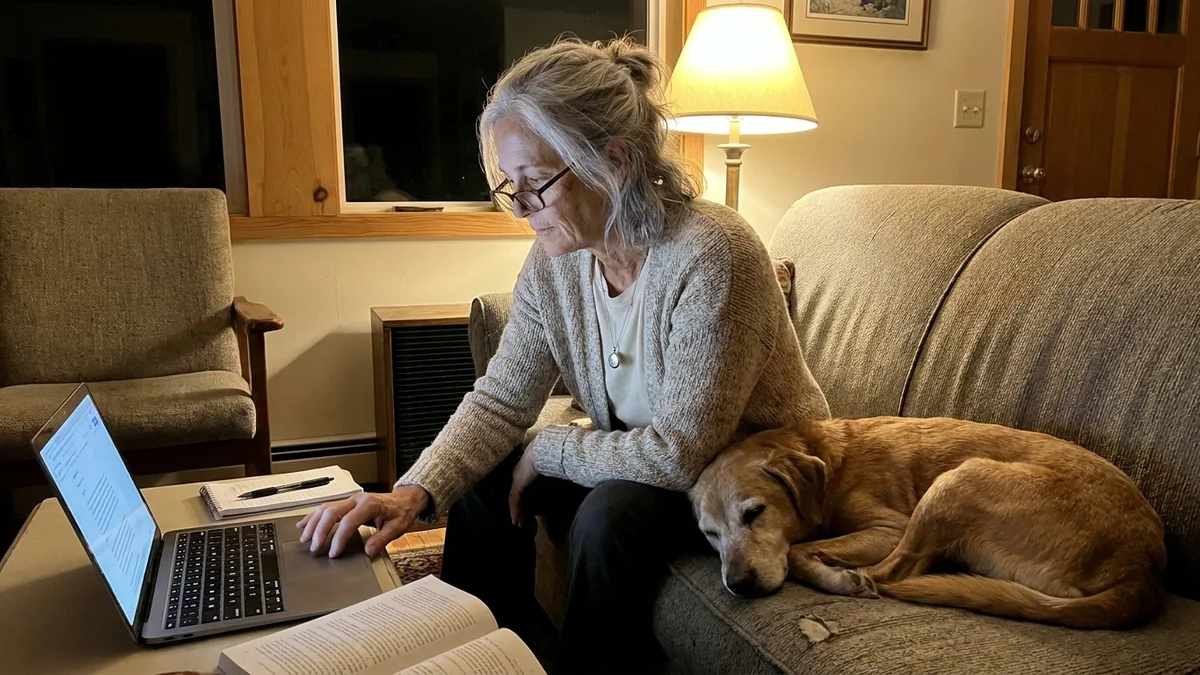 Maggie reading Dr. Marty's own words on her laptop late at night, Cooper asleep beside her