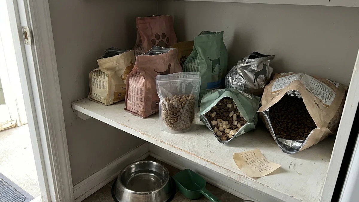 The laundry-room shelf of half-used dog-food bags — a small archive of trying