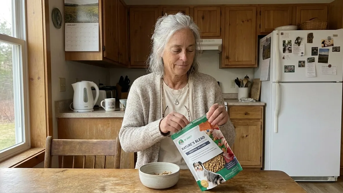 Maggie opening the bag of Nature's Blend at her kitchen counter