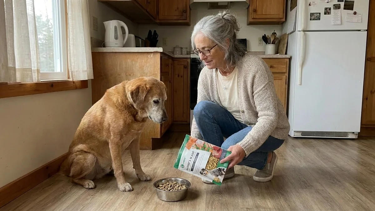 Cooper sitting and watching Maggie pour his breakfast, brighter than he was