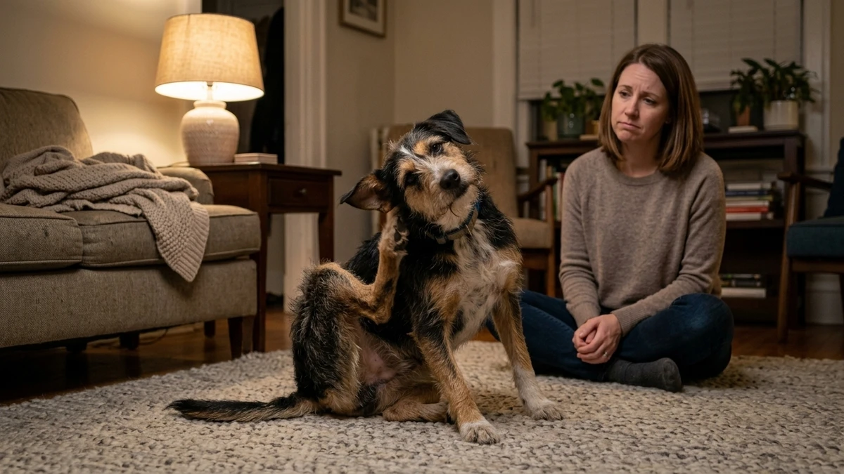 A tired owner reaching for the paper towels while their dog scratches at an ear in the late-evening lamplight