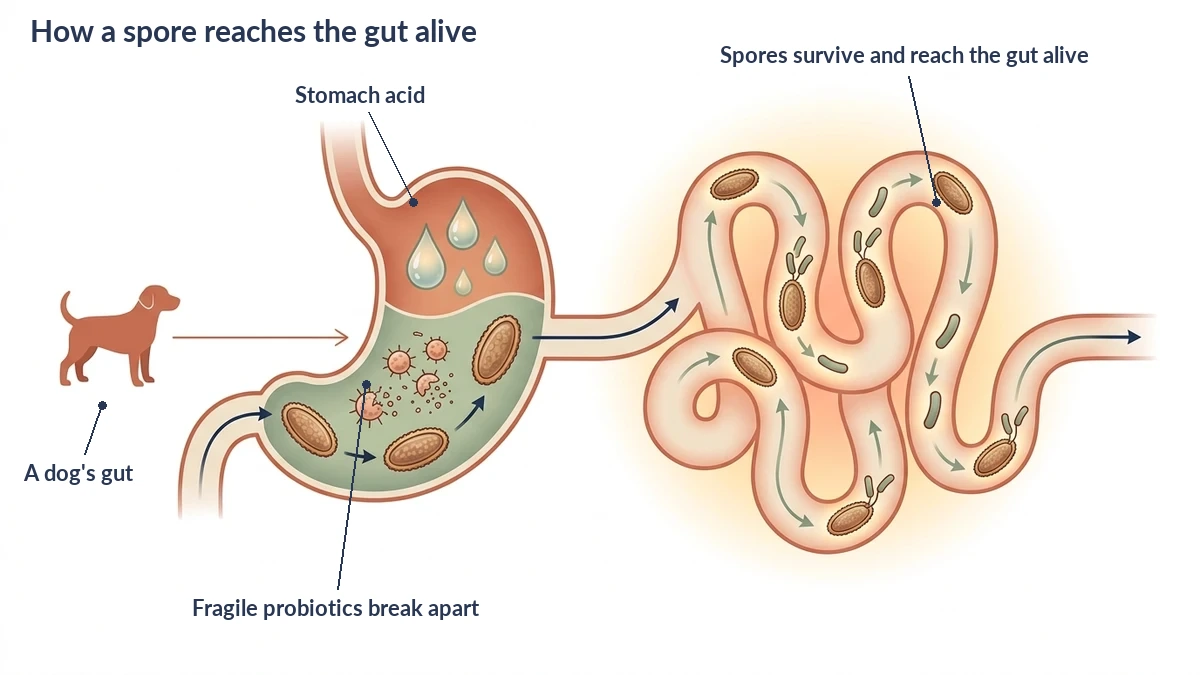 How a spore reaches the gut alive: fragile probiotics break apart in the stomach acid, while armored spores pass through intact and open up in the intestine