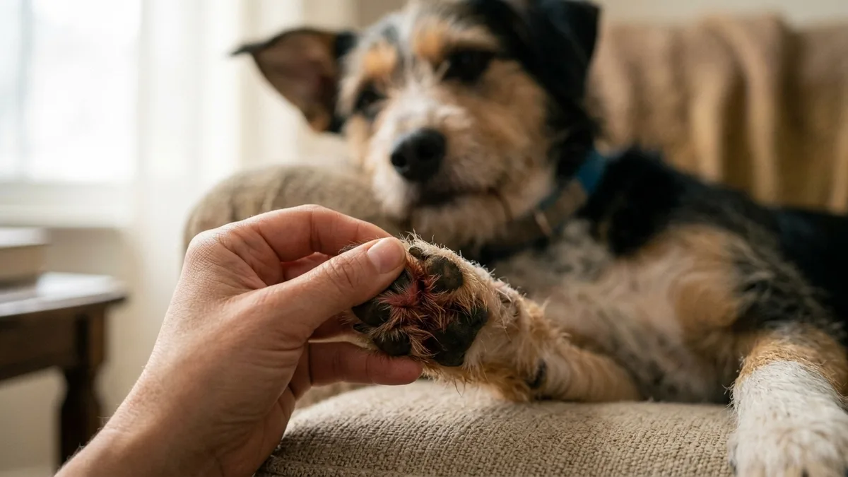 A dog's front paw gently parted to show the fur between the toes stained pink-brown from chronic licking