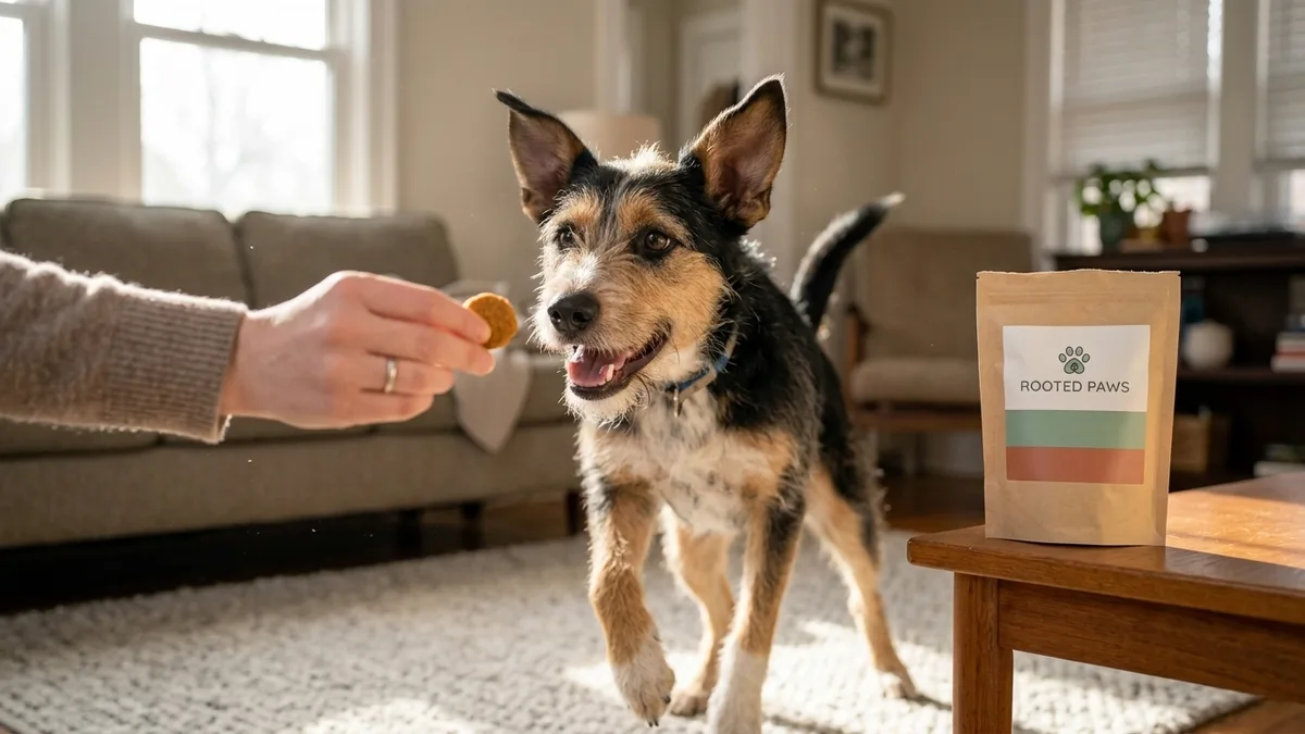 A few chicken-and-pumpkin soft chews spilled beside an open kraft pouch and a simple ceramic bowl on a sunlit kitchen counter